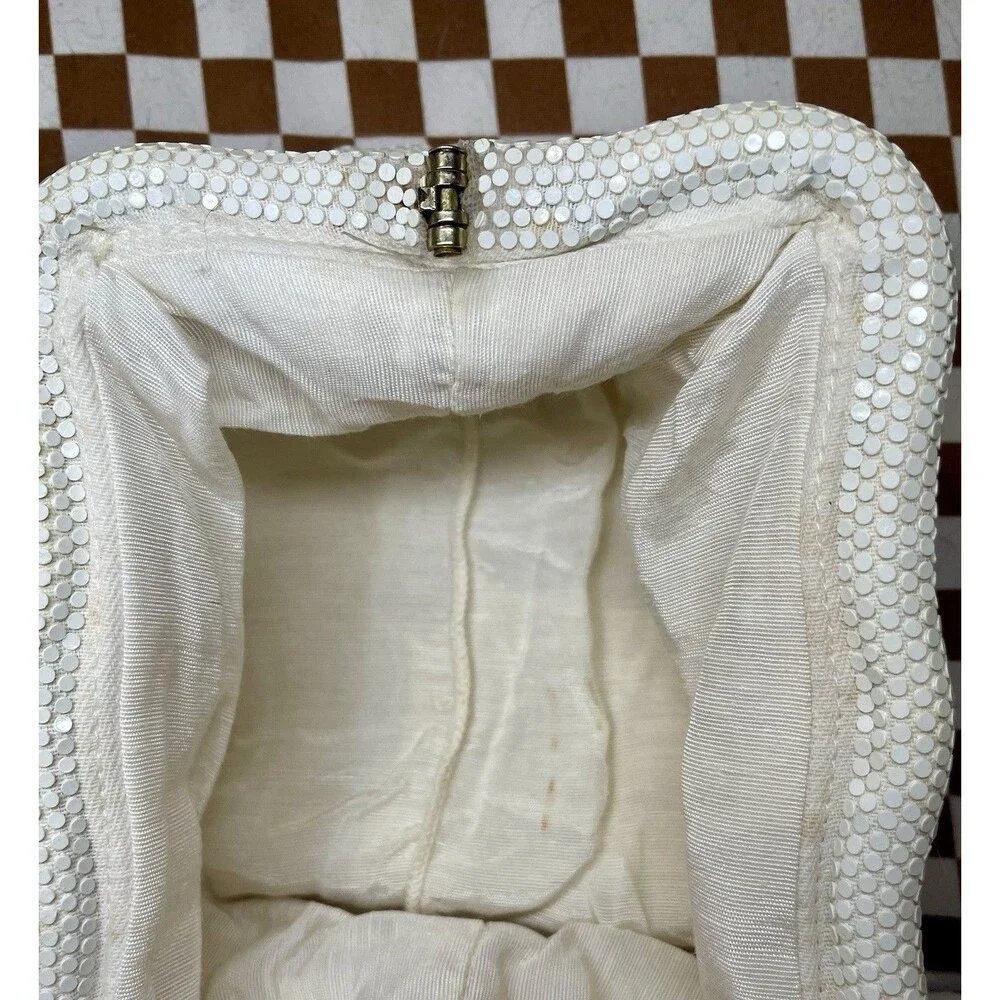 Vintage White Metal Mesh Clutch Purse Mid Century Gate Mouth Evening Bag Bridal